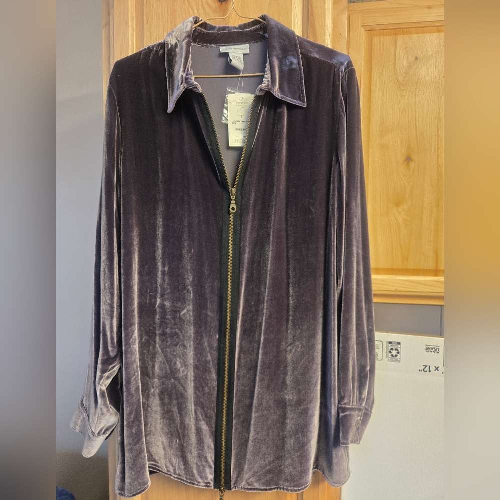 Soft Surroundings Vintage Crushed Velvet Silk Blend Full Zip Blouse Gray S Small - Picture 2 of 12